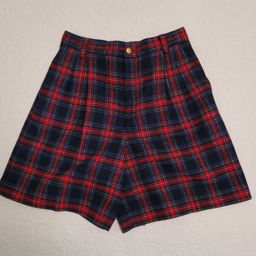 Navy and Red Plaid Wool Shorts by Lizport